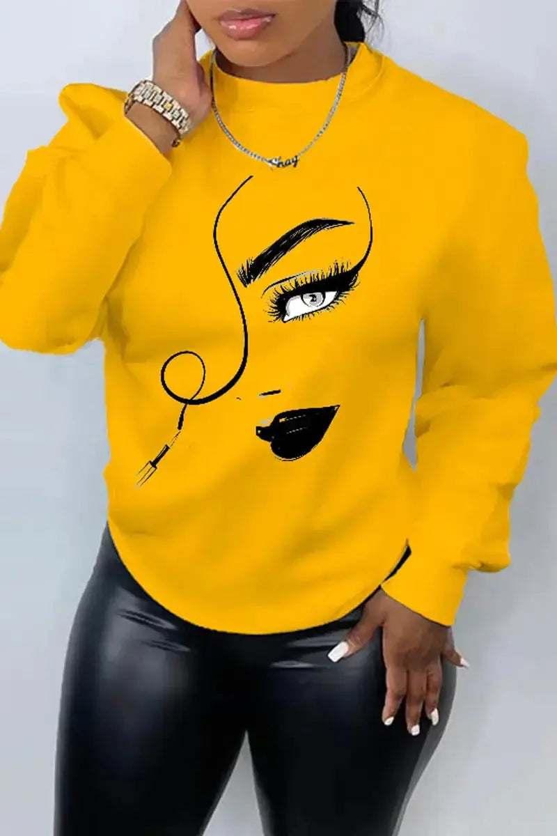 Women’s printed long sleeve crew neck sweater from Plush Fashion Hub, relaxed casual knit pullover with a comfortable fit.