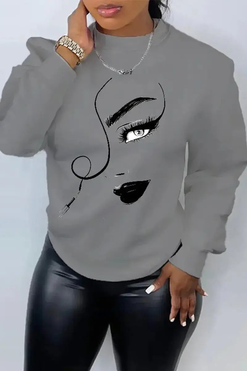 Women’s printed long sleeve crew neck sweater by Plush Fashion Hub, casual relaxed fit knit pullover with colorful pattern.