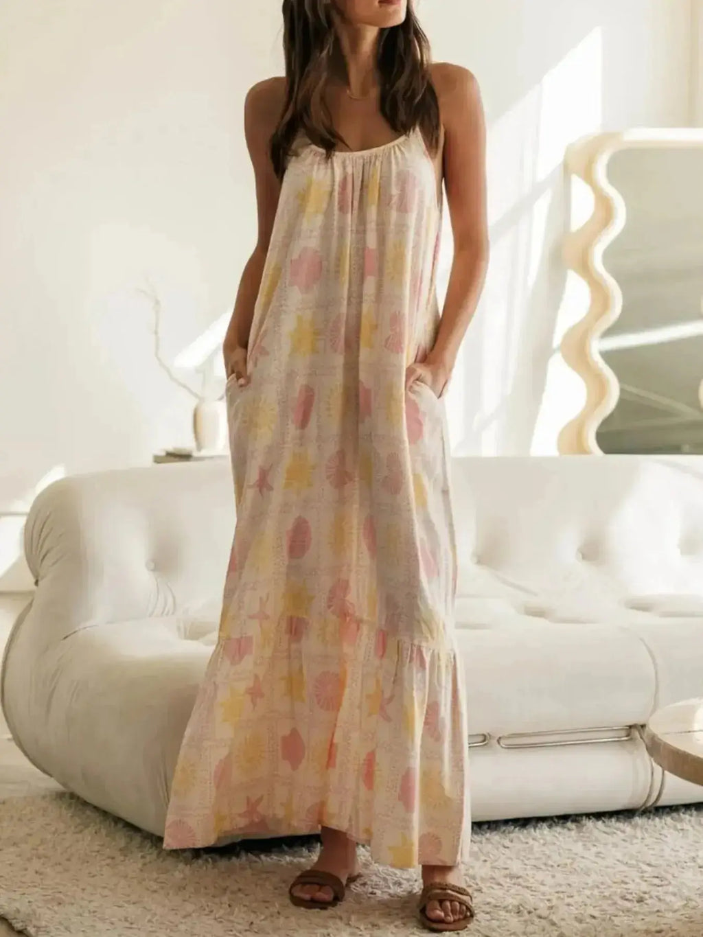 Women’s printed maxi lounge dress with ruffled hem and pockets, casual pajama style from Trendsi