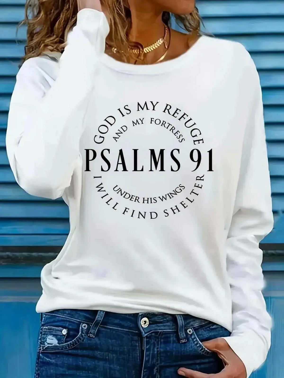 Women's Psalm 91 long sleeve faith T-shirt by Plush Fashion Hub, featuring inspirational scripture and comfortable fit.