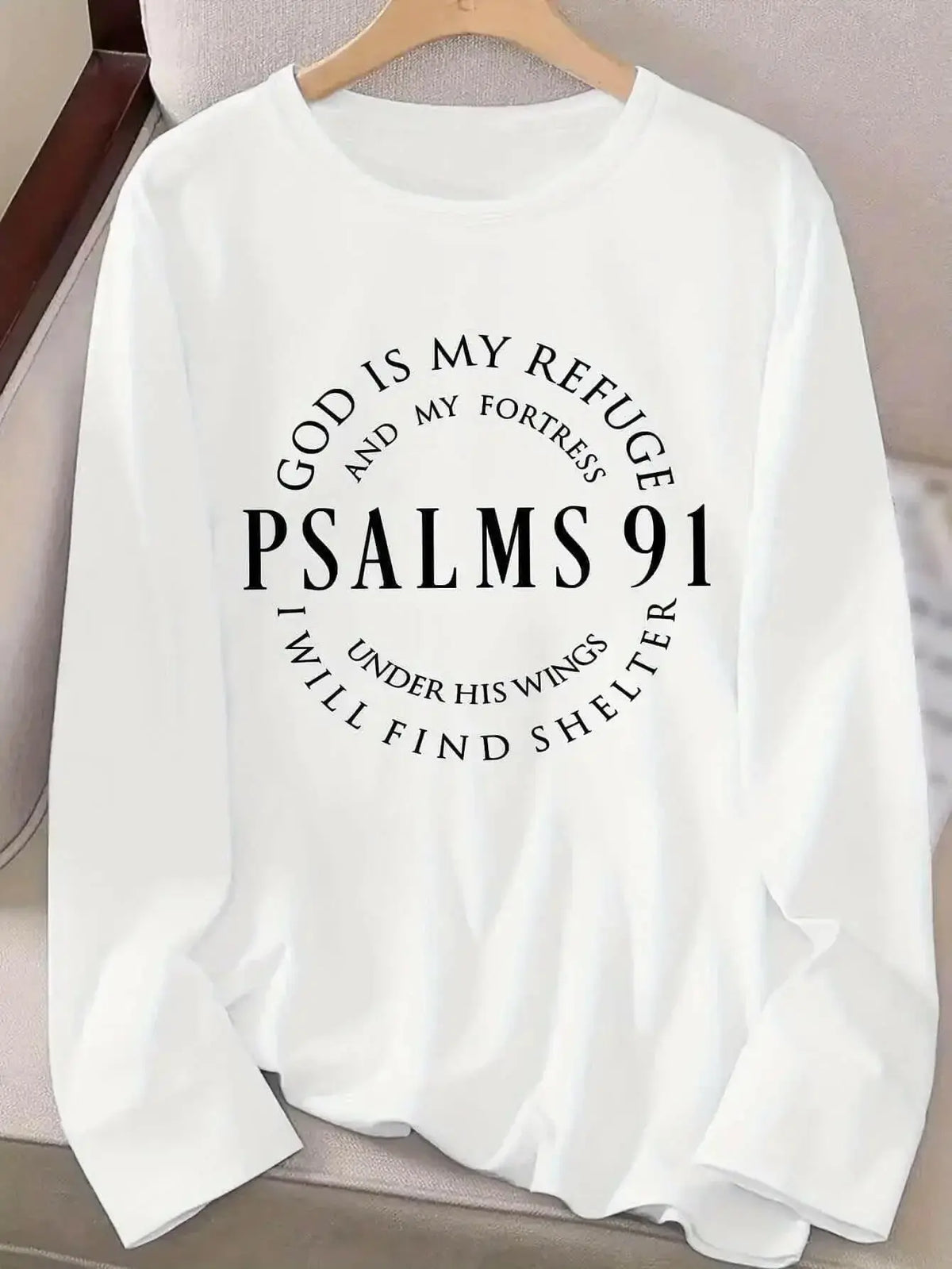 Women’s Psalms 91 long sleeve faith T-shirt by Plush Fashion Hub, featuring inspirational scripture and comfortable fit.