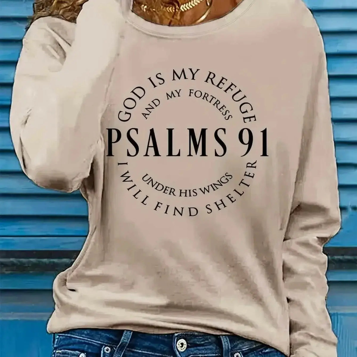 Women’s Psalms 91 long sleeve faith T-shirt by Plush Fashion Hub featuring inspirational scripture and comfortable, soft fabric.