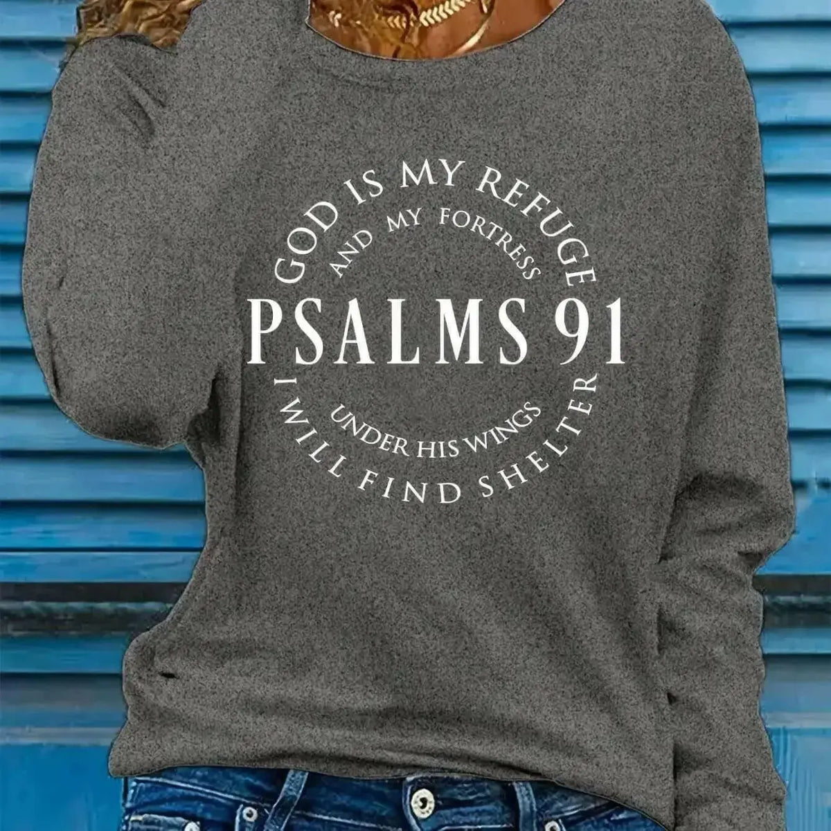 Women’s Psalms 91 long sleeve faith T-shirt by Plush Fashion Hub, features inspirational scripture design for expressing faith.
