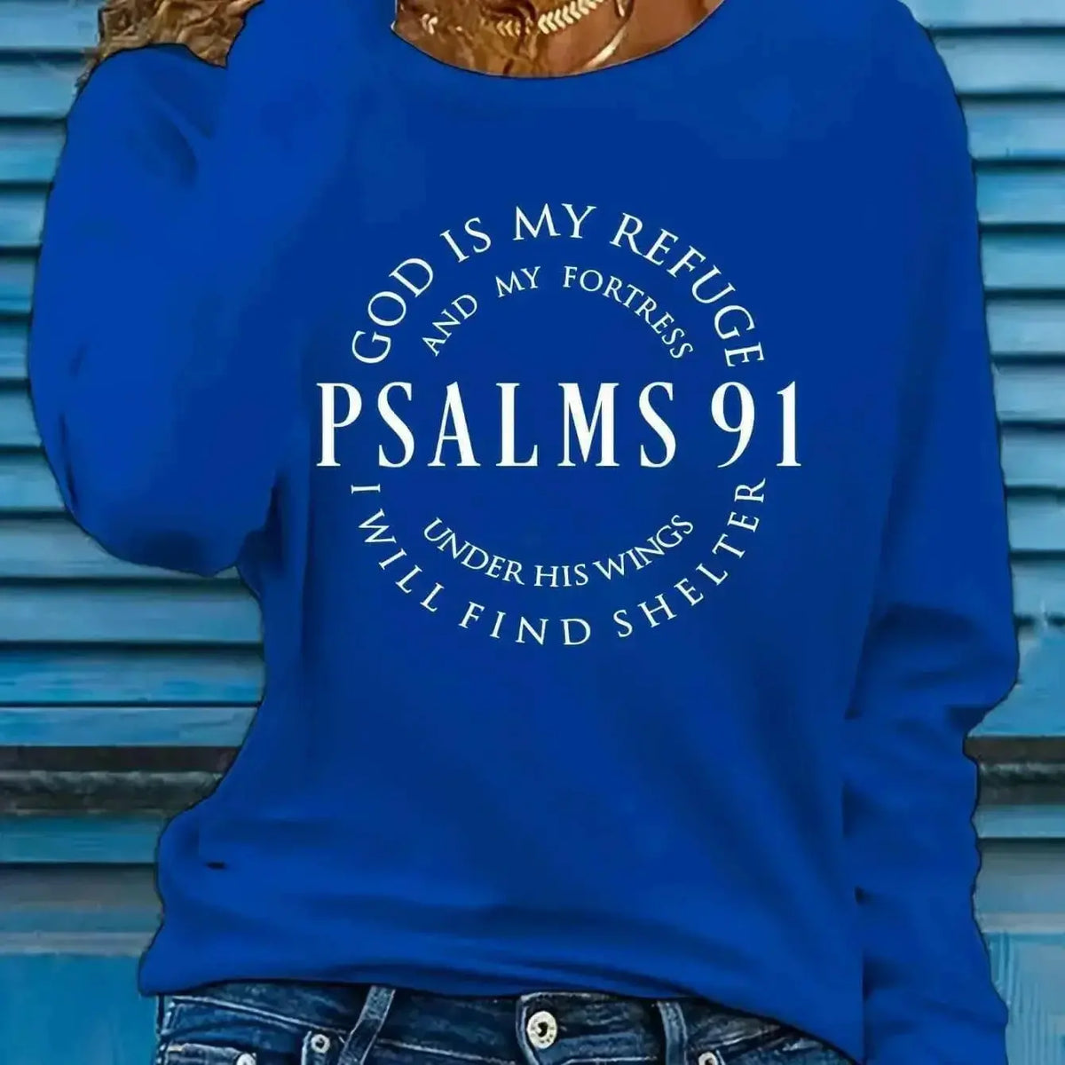 Women’s Psalms 91 long sleeve faith T-shirt by Plush Fashion Hub, featuring inspirational biblical scripture and comfortable fabric.