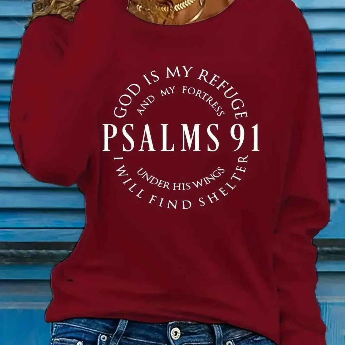 Women's Psalms 91 long sleeve faith T-shirt by Plush Fashion Hub, featuring inspirational scripture design and comfortable fit.