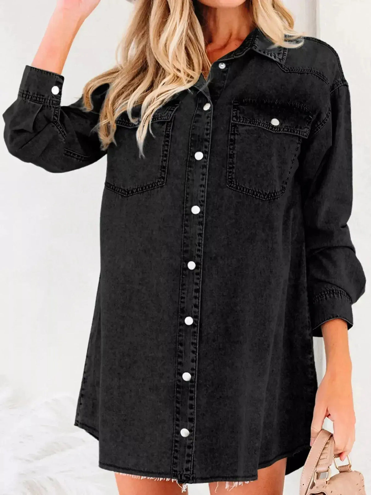 Women wearing a cotton long sleeve denim shirt dress with raw hem and button-down front by Plush Fashion Hub, styled casually.