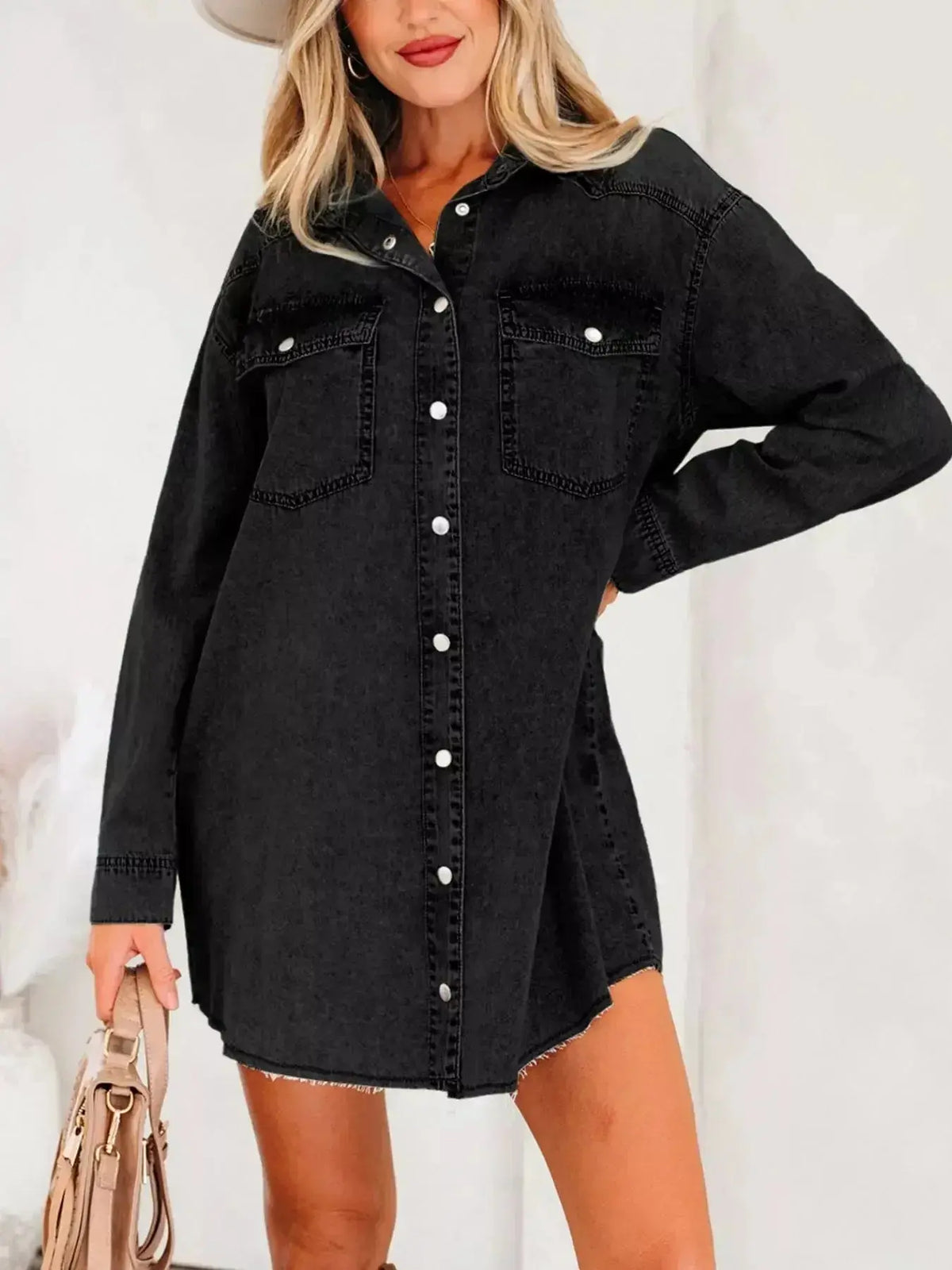 Women wearing Plush Fashion Hub denim shirt dress with long sleeves, button-down front, raw hem, and cotton fabric.
