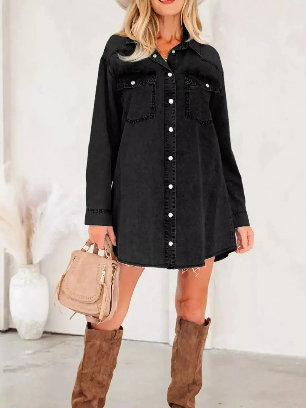 Women wearing Plush Fashion Hub denim long sleeve button-down shirt dress with raw hem, cotton fabric, and casual style.