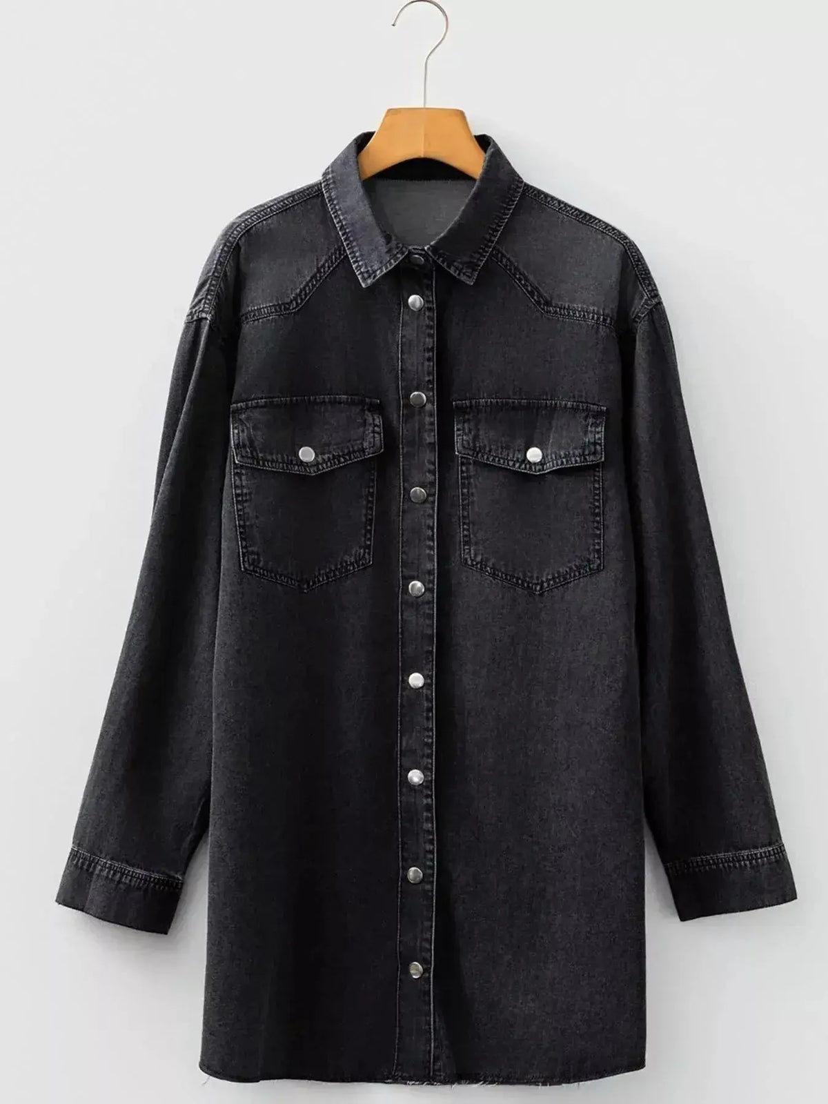 Women wearing Plush Fashion Hub's cotton long sleeve denim shirt dress with button-down front and raw hem, casual and stylish.