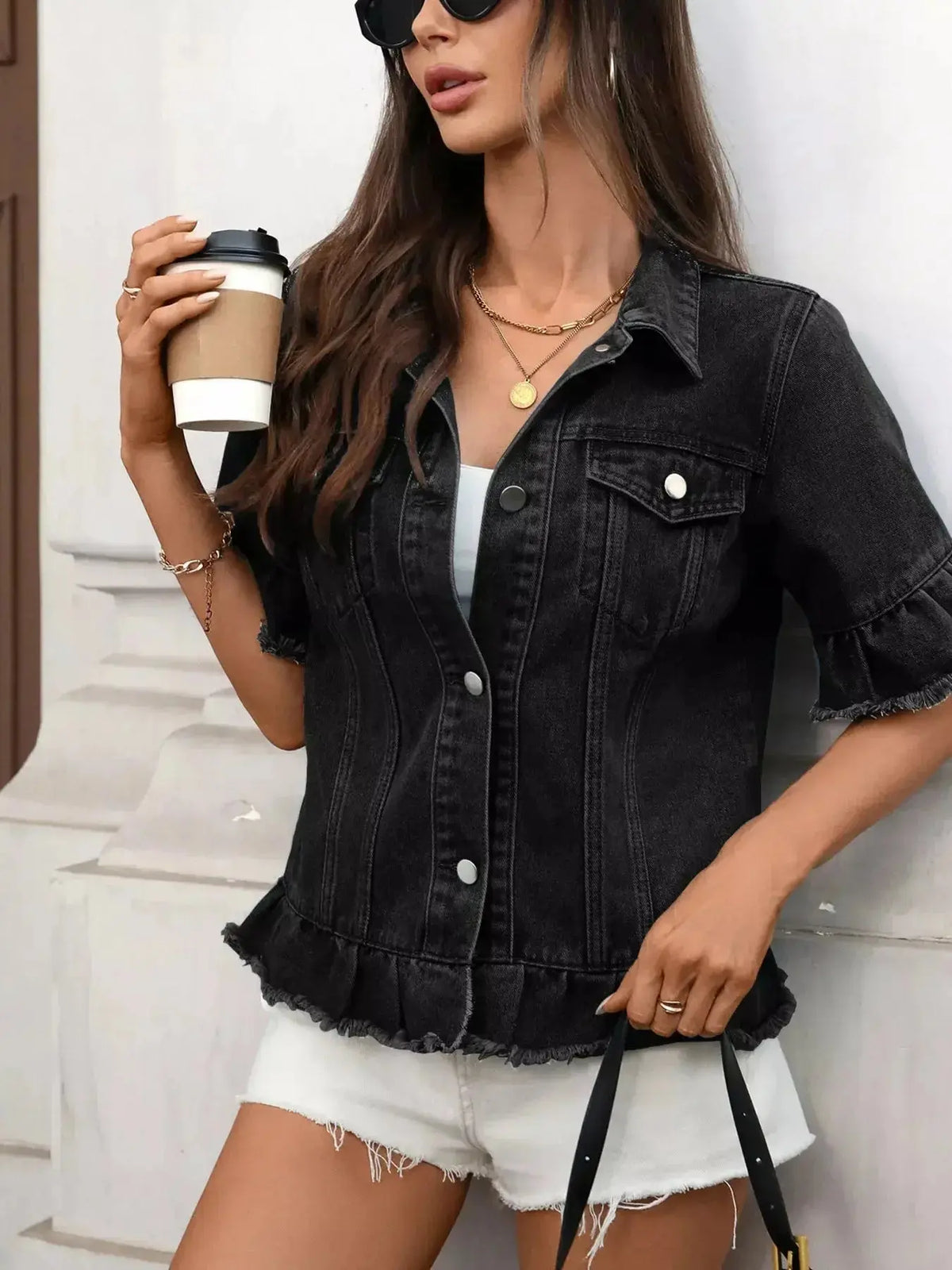 Women’s ruffled raw hem denim jacket by Plush Fashion Hub, stylish button-up jean jacket with ruffle details and raw hem.