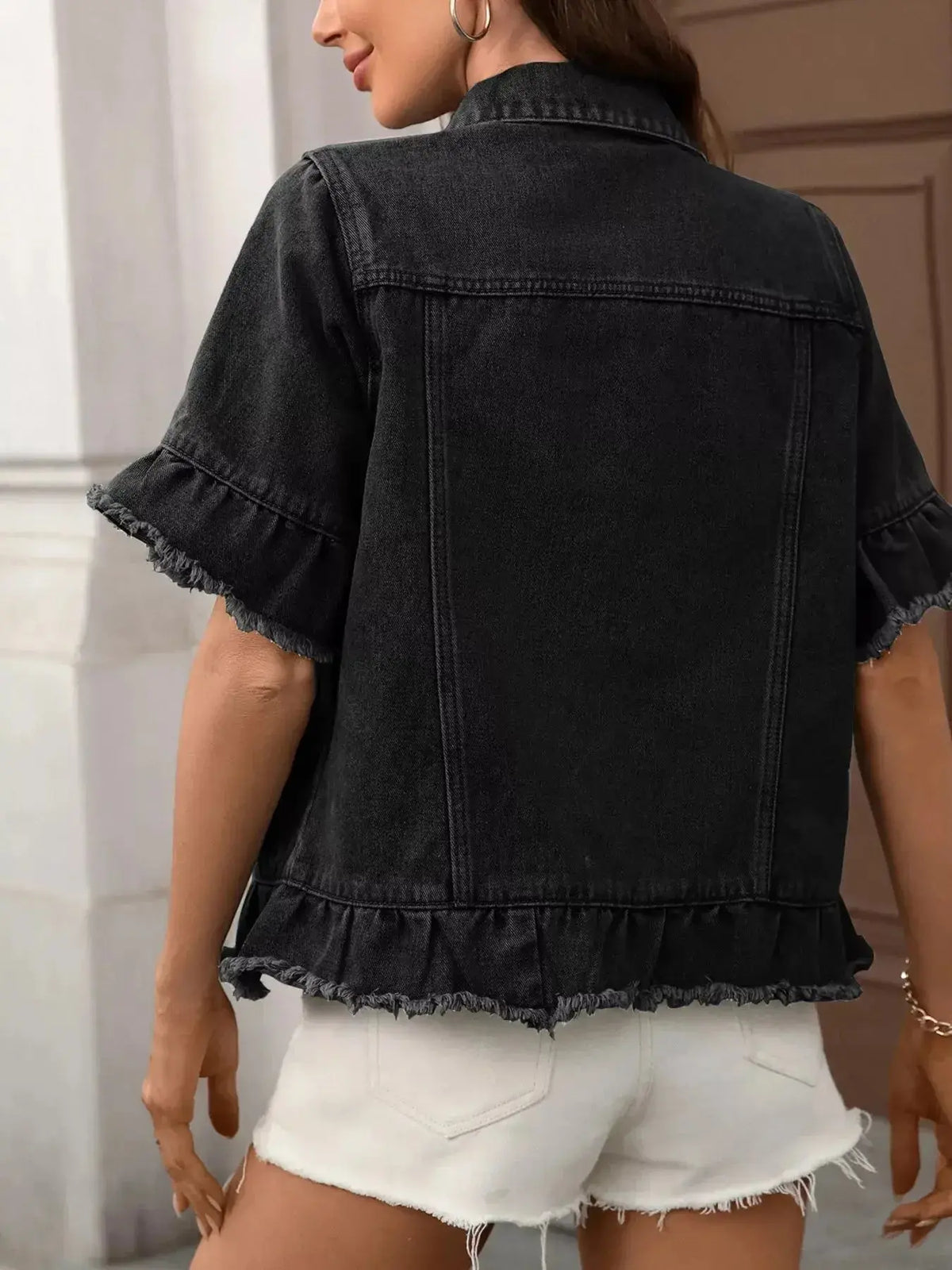 Women’s ruffled raw hem denim jacket by Plush Fashion Hub featuring button-up closure and stylish design.