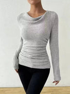 Women's ribbed cowl neck long sleeve sweater with ruched detail, stylish and cozy Trendsi sweater for casual wear.