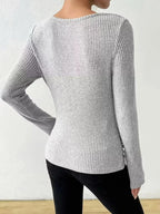 Women’s ribbed cowl neck long sleeve sweater with ruched detail by Trendsi, featuring a cozy fit and stylish design.