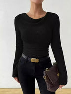 Women's ribbed cowl neck long sleeve sweater with ruched detail, stylish and cozy Trendsi sweater for casual wear.