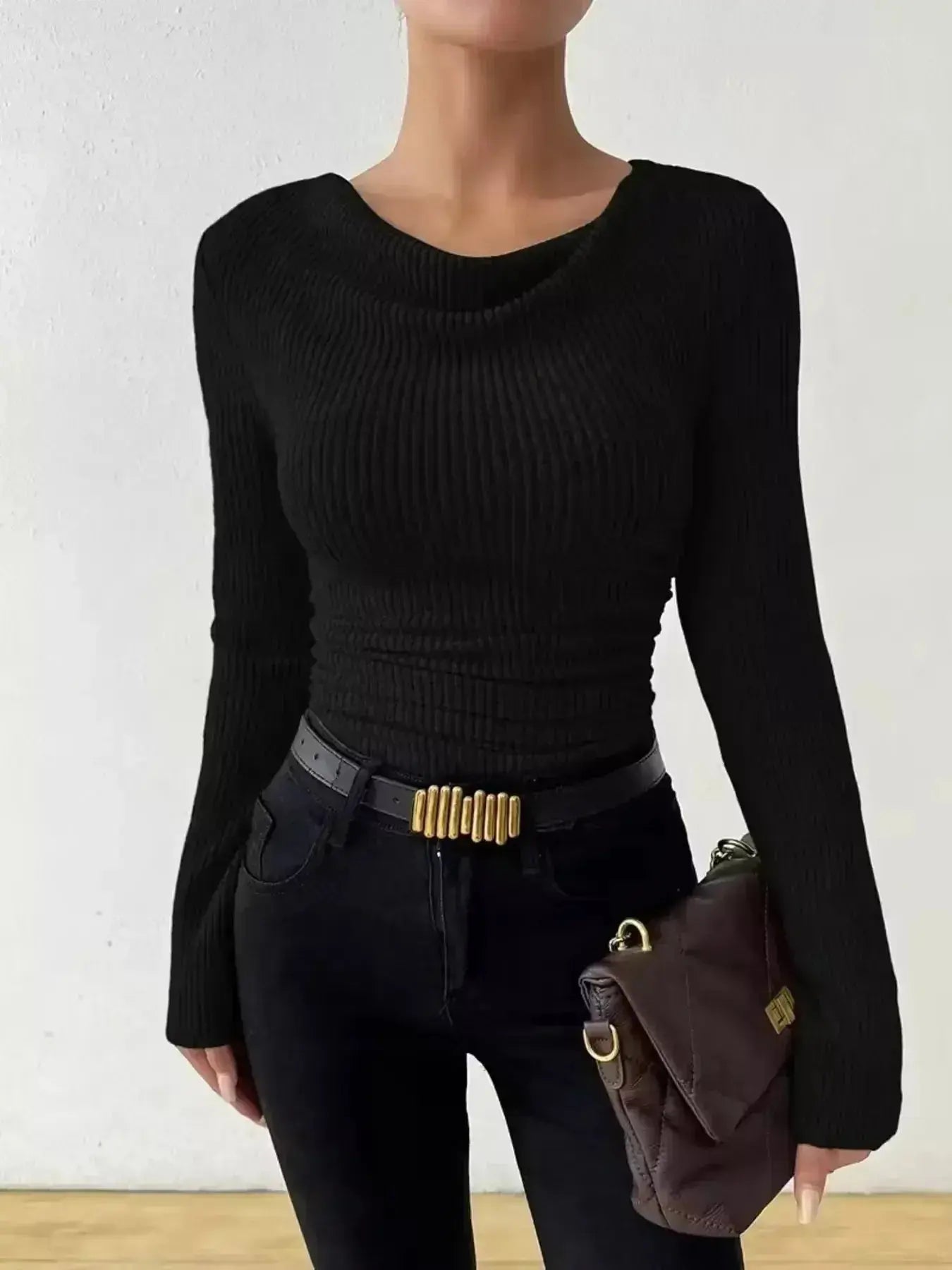 Women's ribbed cowl neck long sleeve sweater with ruched detail, stylish and cozy Trendsi sweater for casual wear.