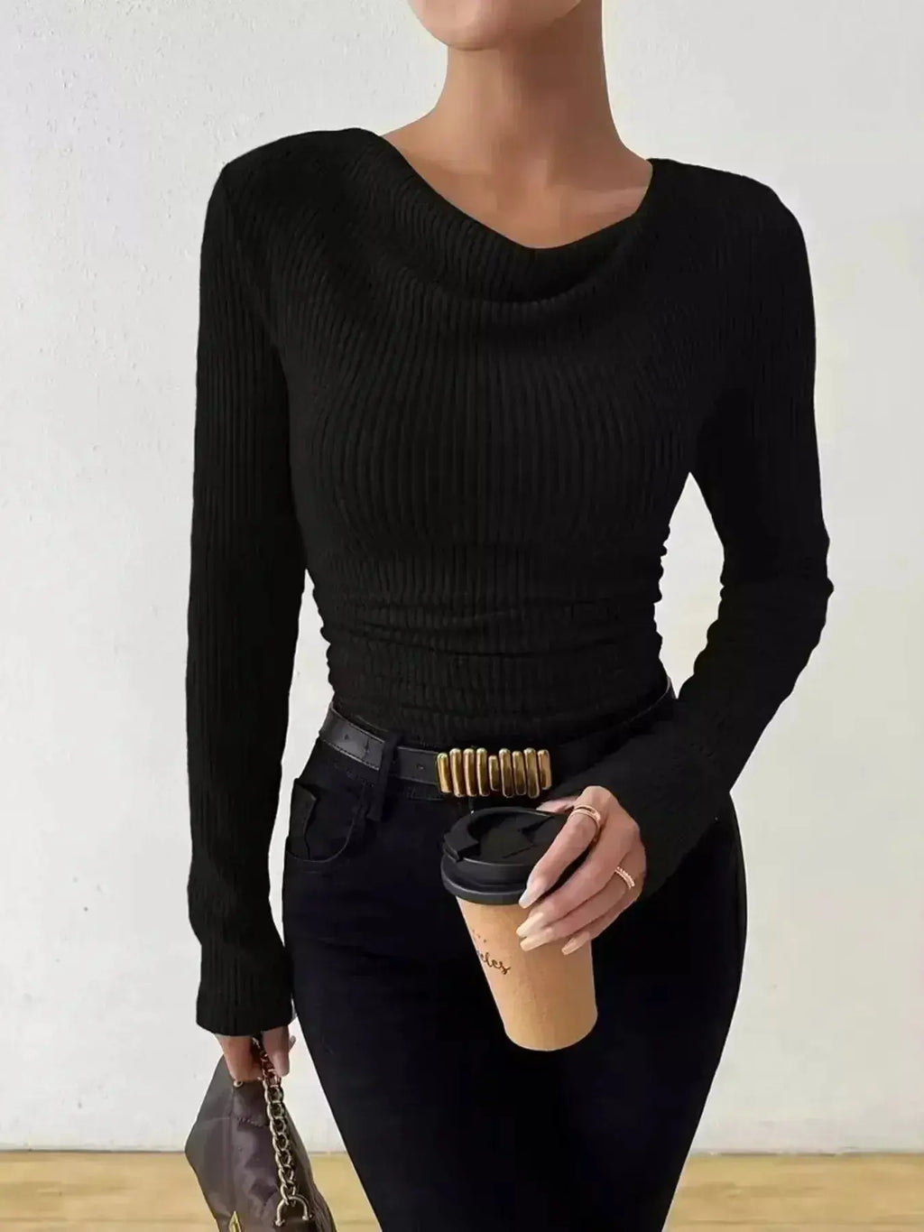 Women's ribbed cowl neck long sleeve sweater with ruched detail, stylish and cozy from Trendsi.