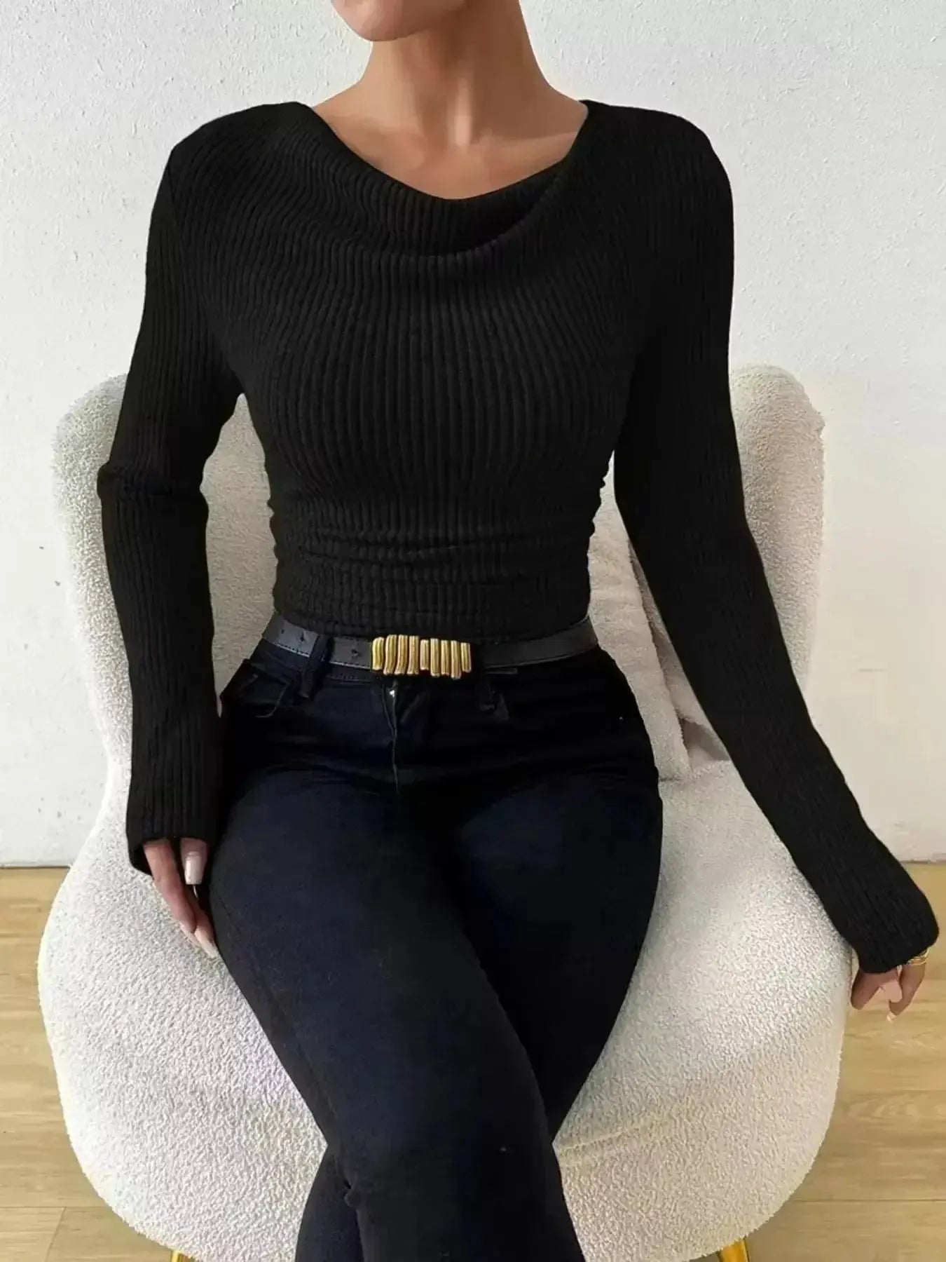 Women's ribbed cowl neck long sleeve sweater with ruched detail, trendy and cozy, by Trendsi.