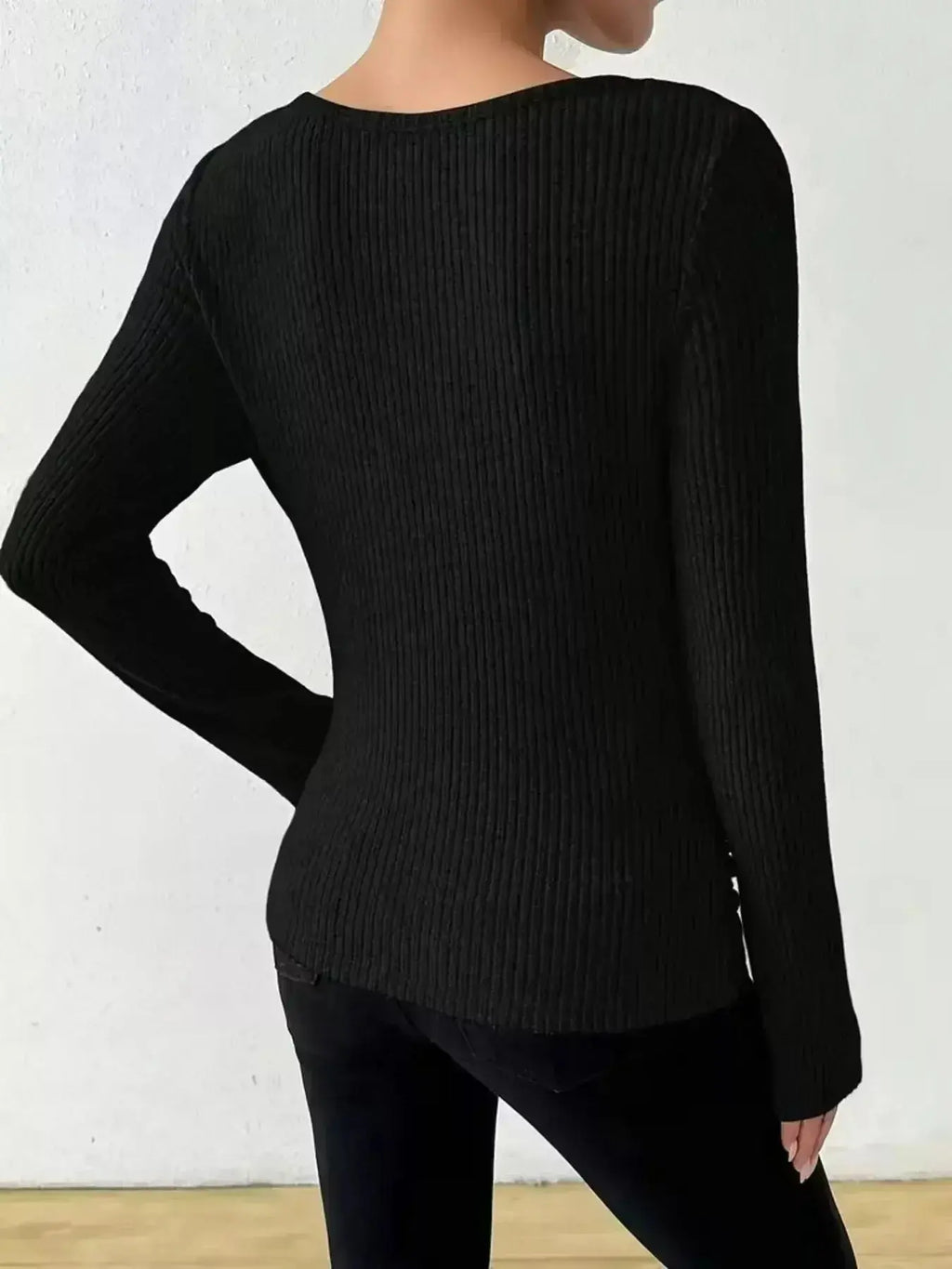 Women's ribbed cowl neck long sleeve sweater with ruched detail, stylish and cozy Trendsi sweater for casual wear.
