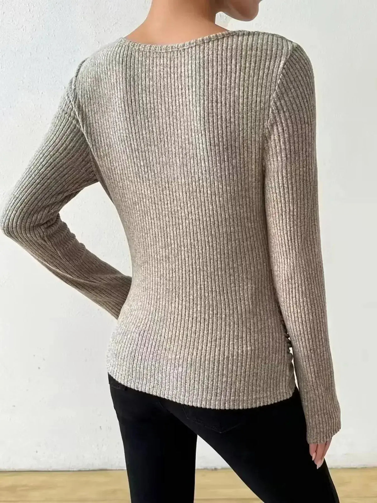 Women's ribbed cowl neck long sleeve sweater with ruched detail from Plush Fashion Hub, showcasing a cozy, stylish design.
