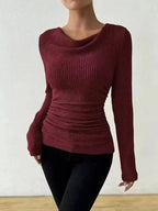 Women's ribbed cowl neck long sleeve sweater with ruched detail, stylish and cozy Trendsi sweater for casual wear.