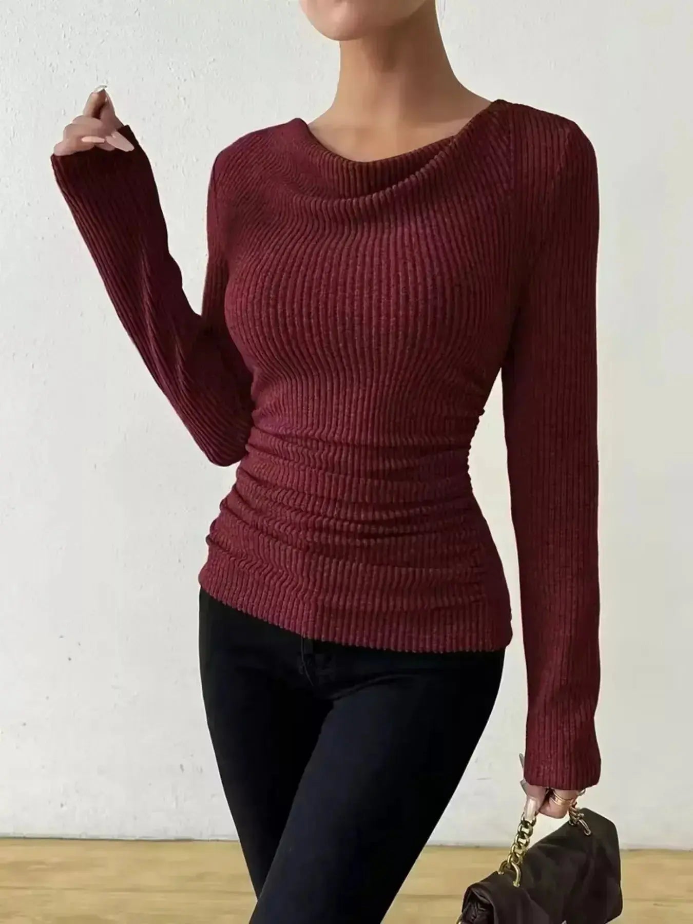 Women's ribbed cowl neck long sleeve sweater with ruched detail, stylish knit sweater by Trendsi.