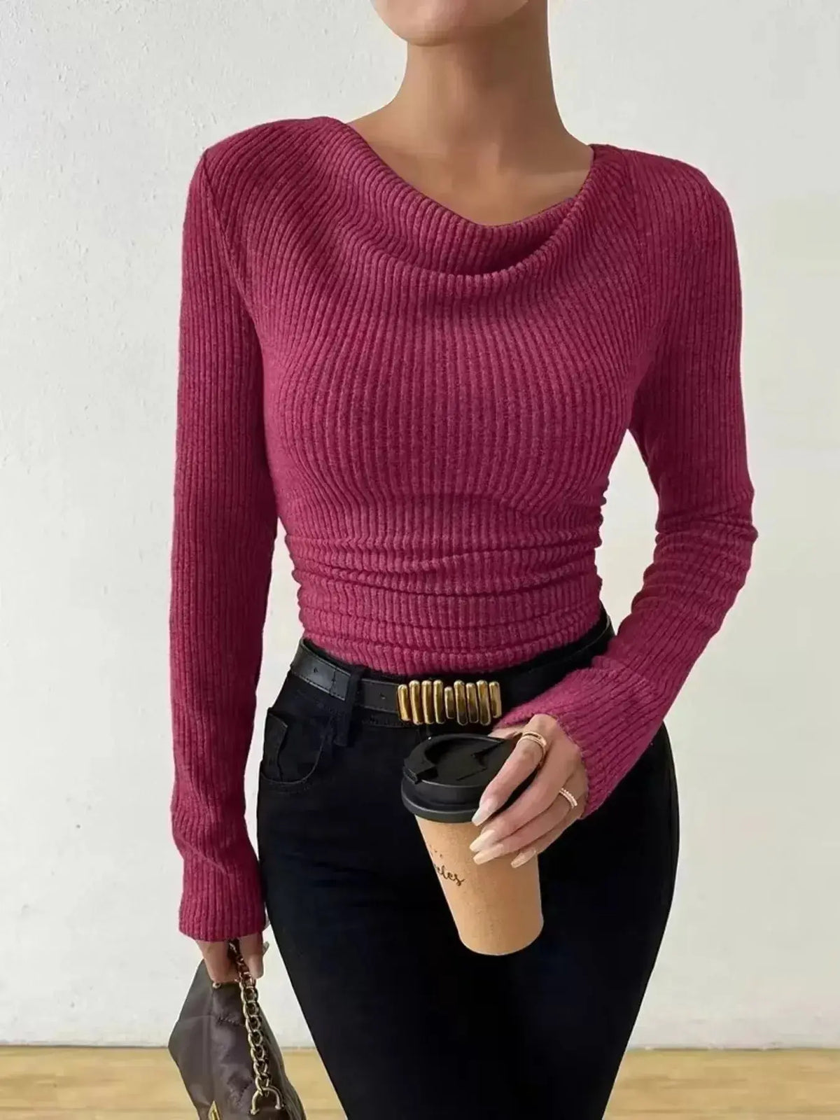 Women’s ribbed cowl neck long sleeve sweater with ruched detail by Plush Fashion Hub, showcasing cozy knit and stylish design.