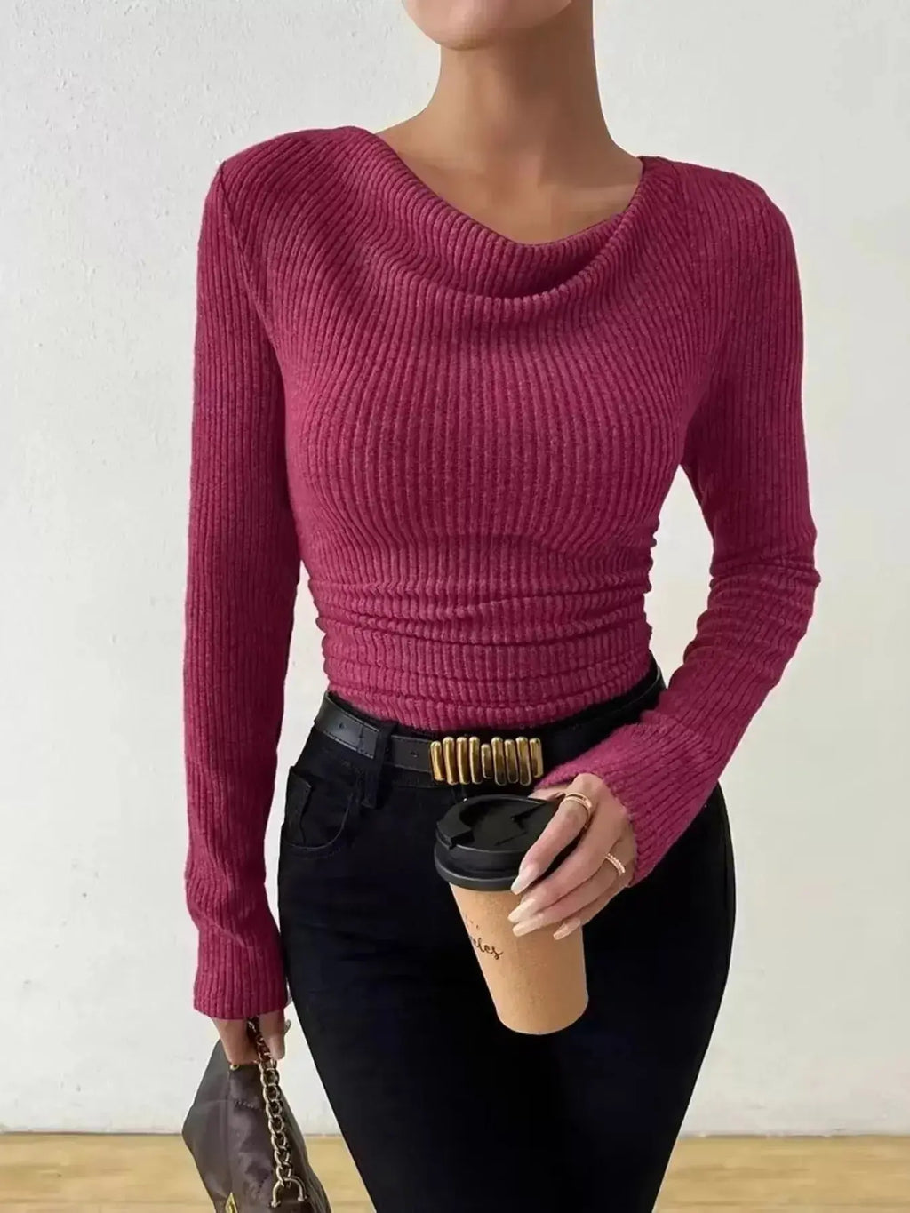 Women’s ribbed cowl neck long sleeve sweater with ruched detail from Trendsi, featuring a cozy, stylish design and textured fabric.