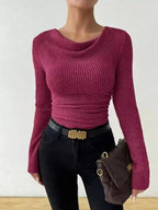 Women's ribbed cowl neck long sleeve sweater with ruched detail, stylish and cozy Trendsi sweater for casual wear.