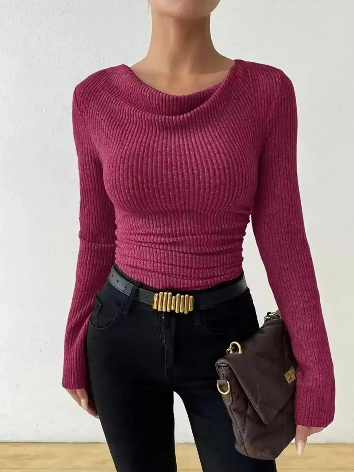 Women’s ribbed cowl neck long sleeve sweater with ruched detail from Plush Fashion Hub, featuring a cozy, stylish design.
