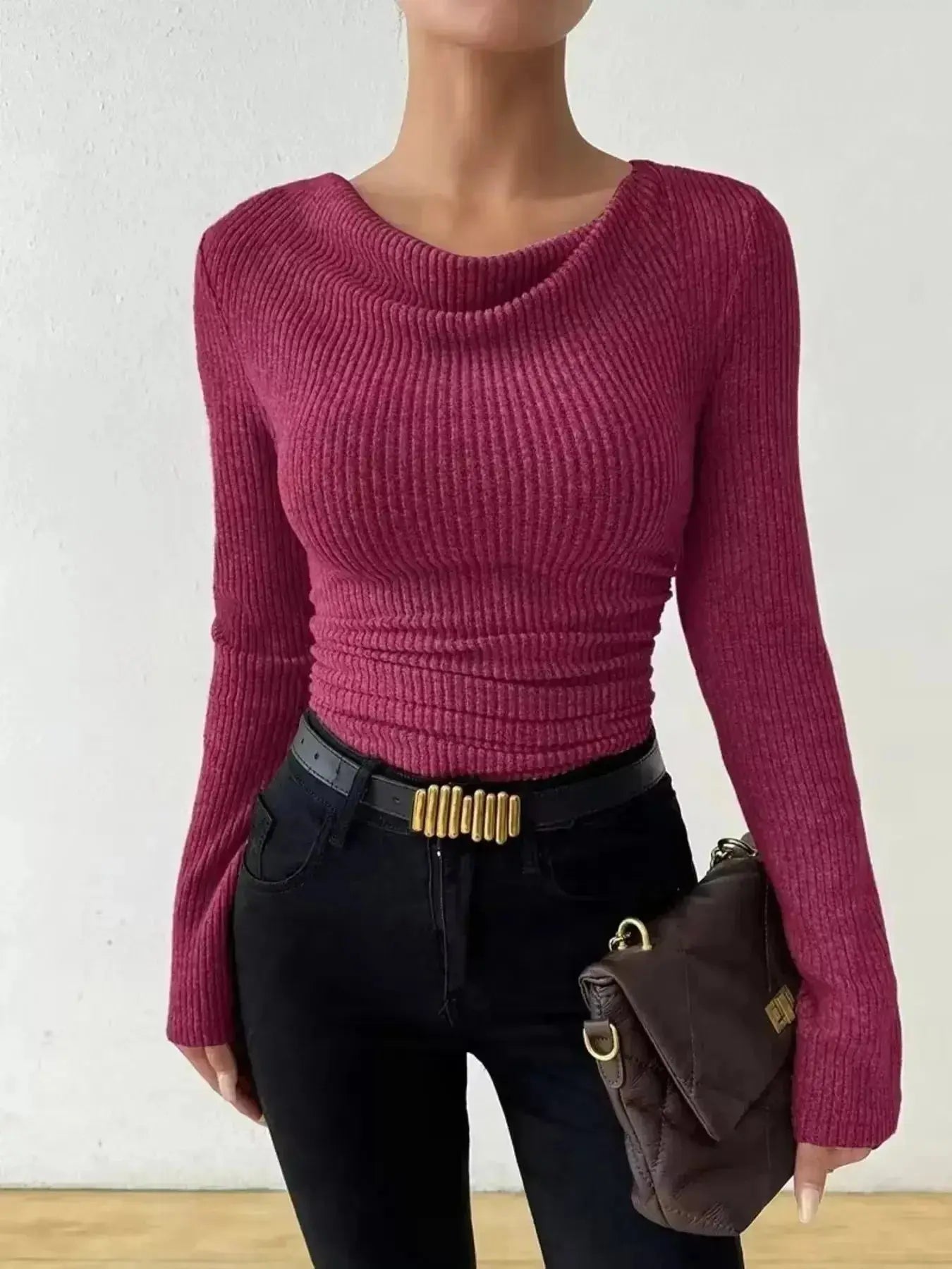 Women's ribbed cowl neck long sleeve sweater with ruched detail, stylish and cozy Trendsi sweater for casual wear.