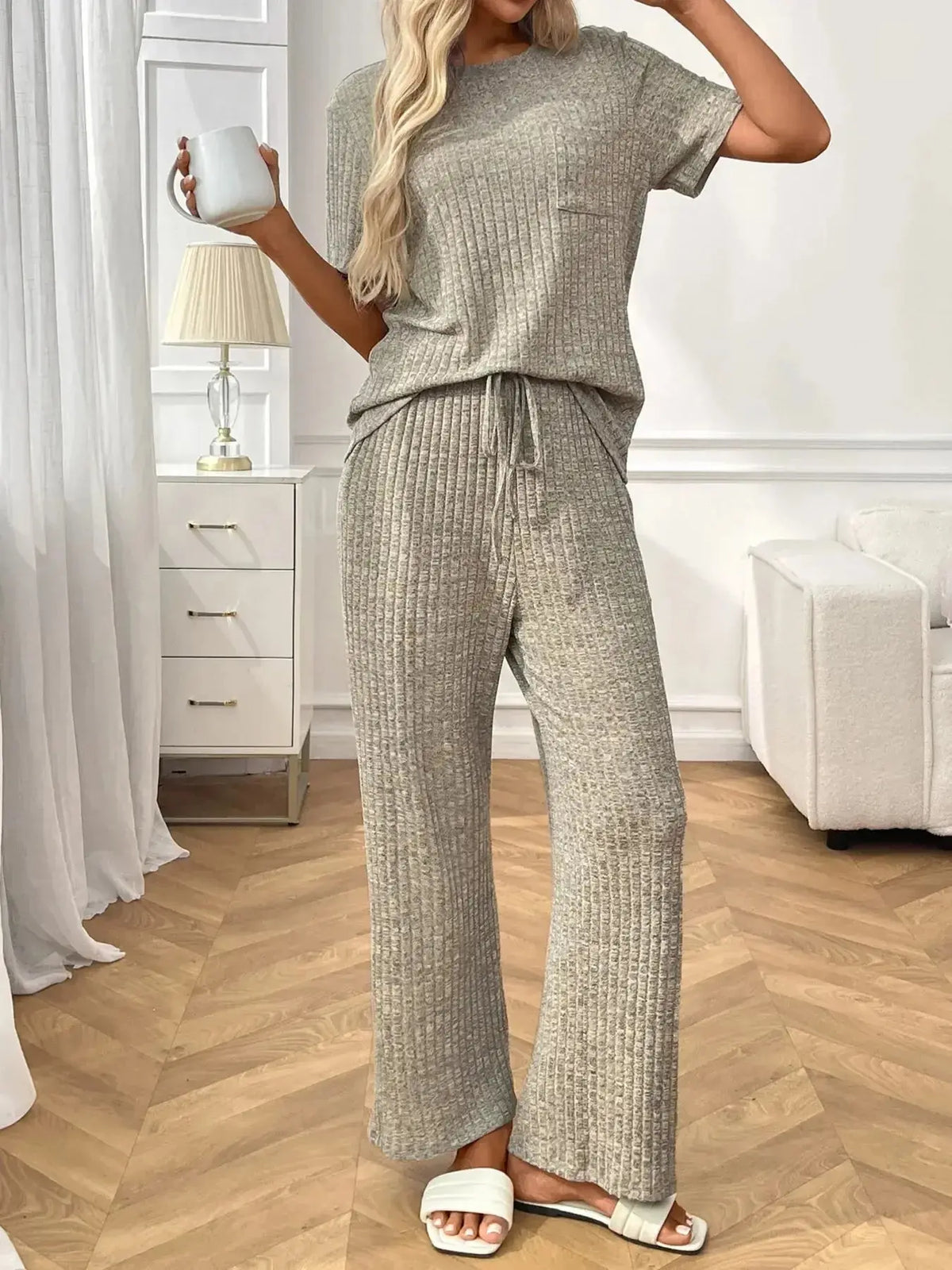 Women's ribbed knit short sleeve loungewear set with pockets by Plush Fashion Hub, comfortable pajamas for relaxed wear.