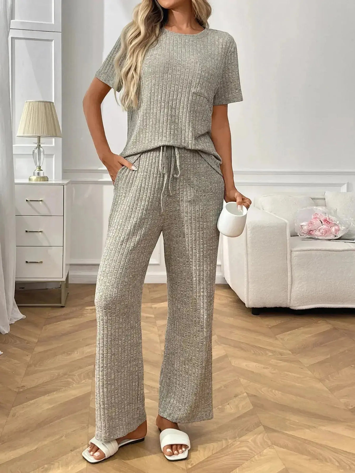 Women’s ribbed knit short sleeve loungewear set with pockets from Plush Fashion Hub, casual pajamas for comfortable lounging.