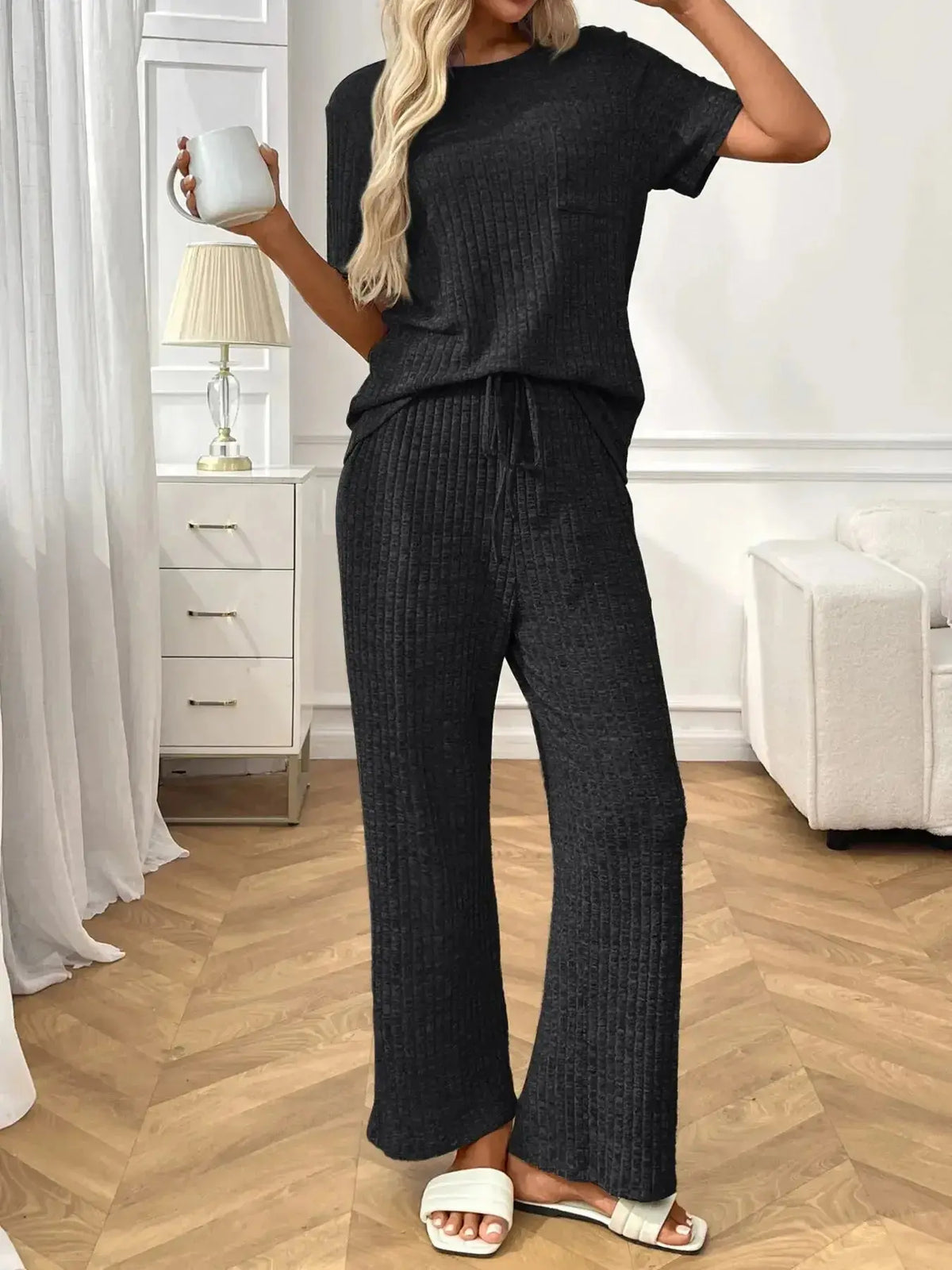Women's ribbed knit short sleeve loungewear set with pockets by Plush Fashion Hub, cozy pajamas for relaxed comfort.