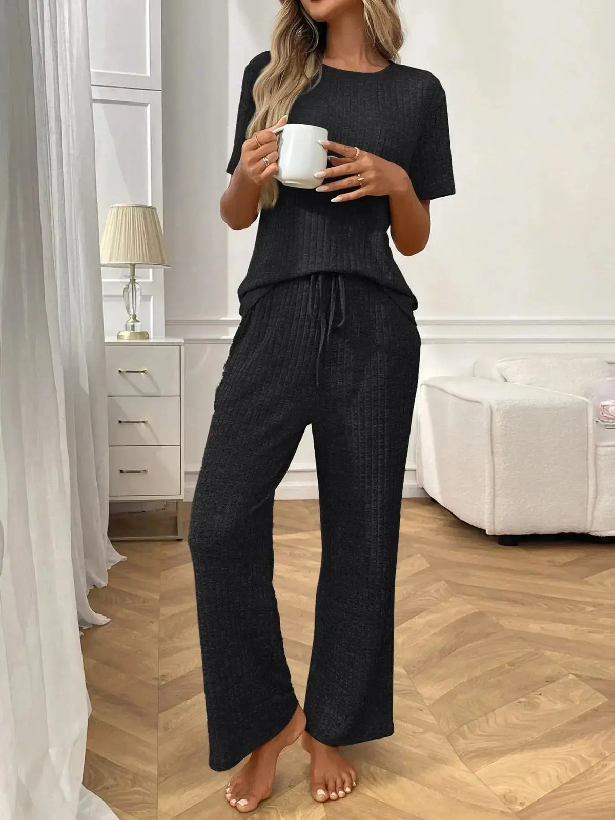 Women's ribbed knit short sleeve loungewear set with pockets by Plush Fashion Hub, comfortable pajamas for relaxed wear.