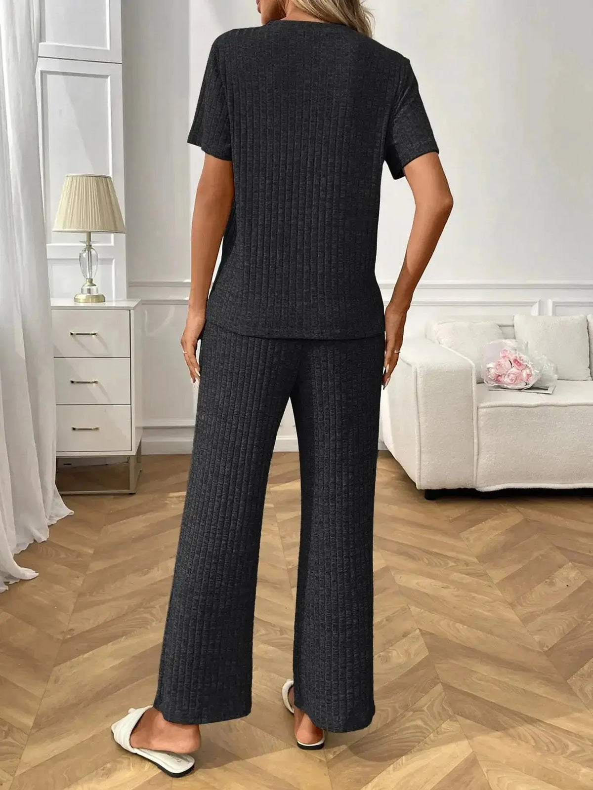 Women's ribbed knit short sleeve loungewear set with pockets, soft pajamas by Plush Fashion Hub in a cozy, casual style.