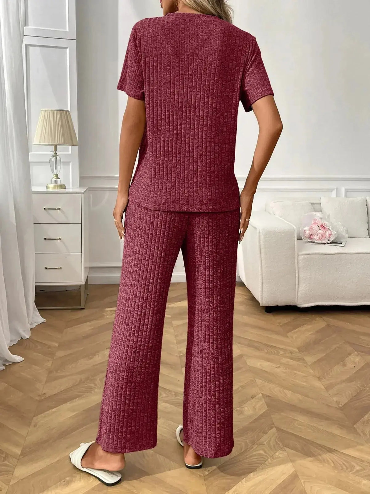 Women's ribbed knit short sleeve loungewear set with pockets by Plush Fashion Hub, comfortable pajamas for relaxed wear.