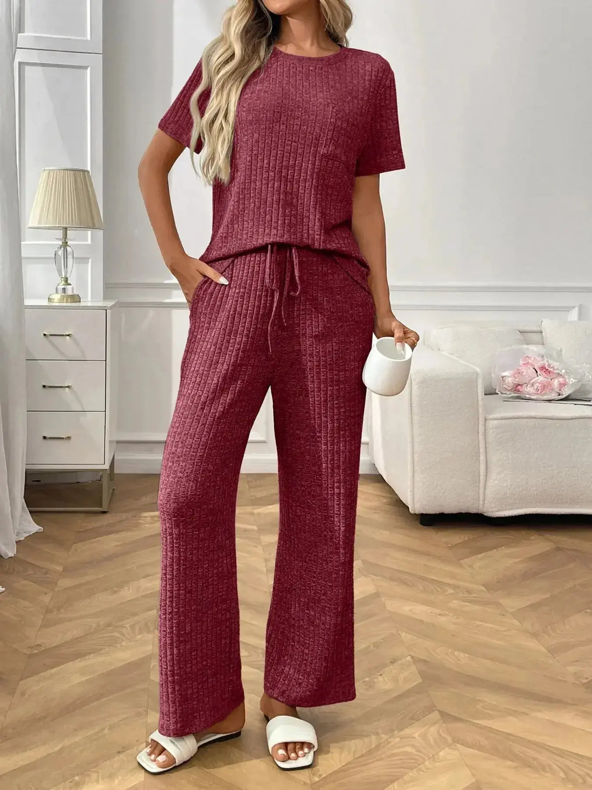 Women's ribbed knit short sleeve loungewear set with pockets by Plush Fashion Hub, comfortable pajamas for relaxing at home.