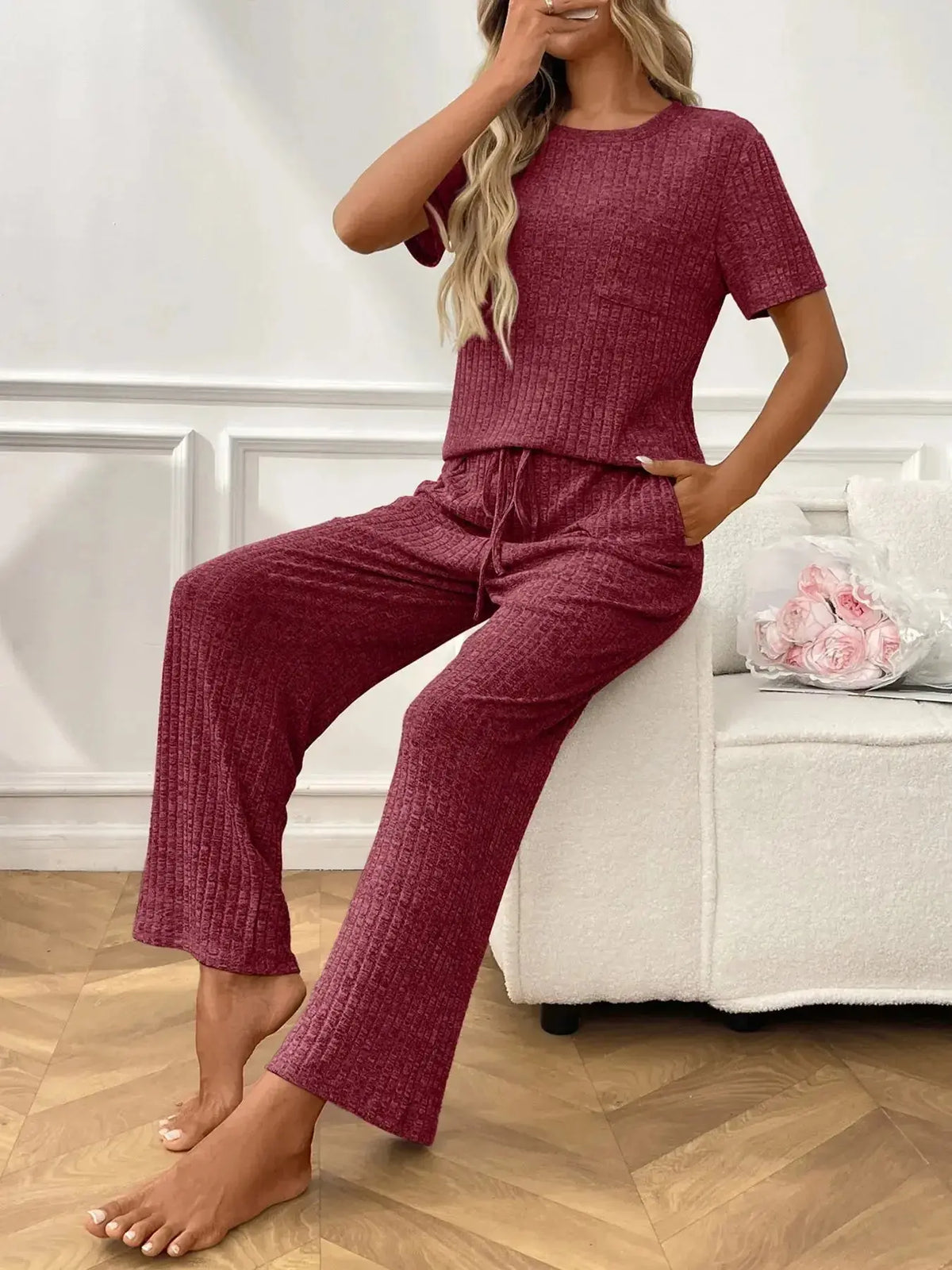 Women’s ribbed knit short sleeve loungewear set with pockets, made by Plush Fashion Hub, featuring a comfortable pajama design.