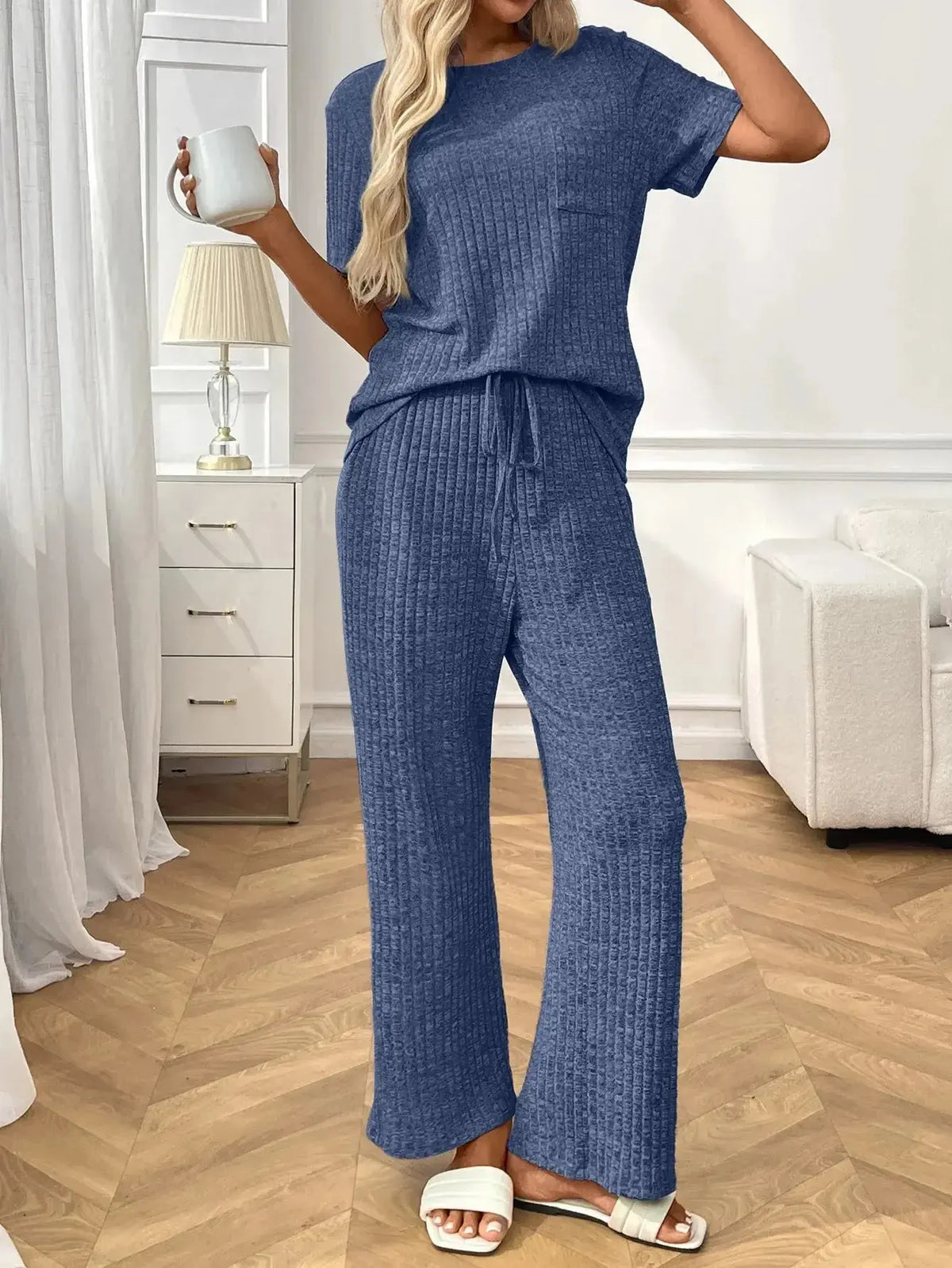 Women’s ribbed knit short sleeve loungewear set with pockets by Plush Fashion Hub, featuring a comfortable, casual pajama design.