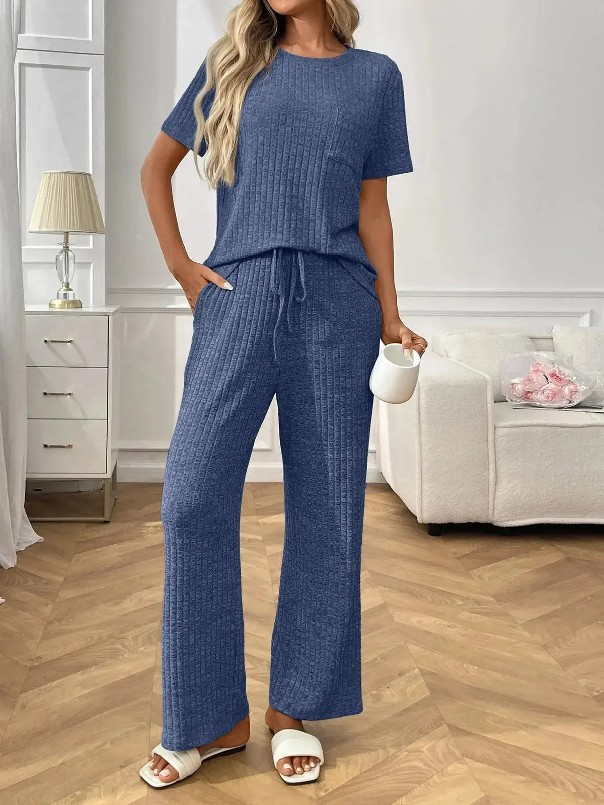 Women’s ribbed knit short sleeve loungewear set with pockets by Plush Fashion Hub, featuring a comfortable pajama design.