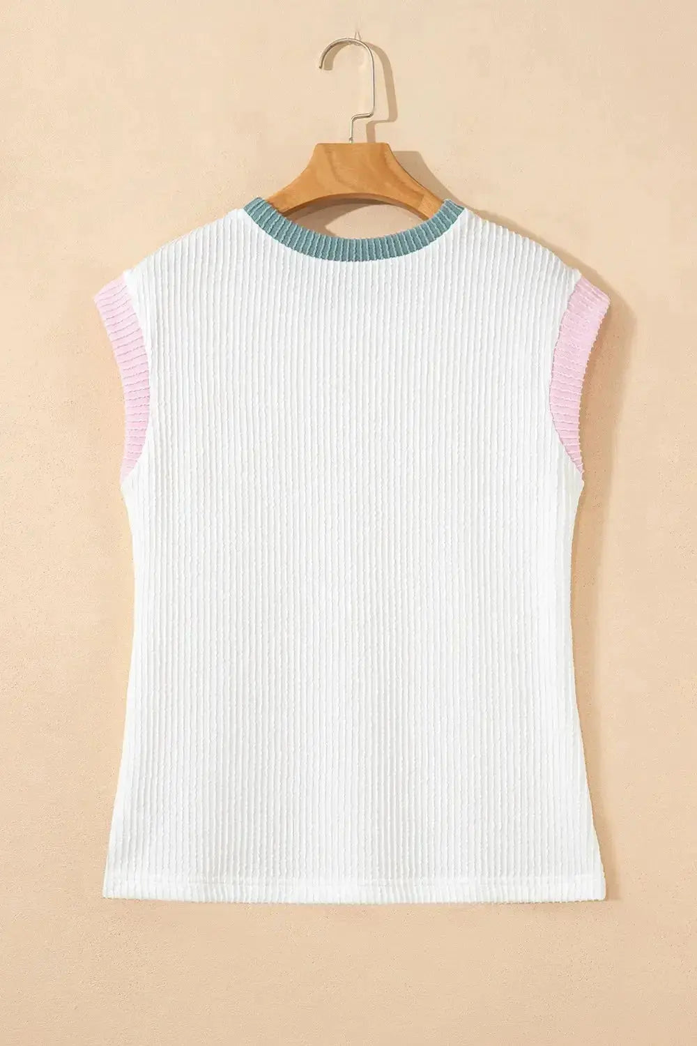Women’s ribbed knit sleeveless tank top with contrast trim, soft fitted shirt by Plush Fashion Hub, perfect for casual wear.