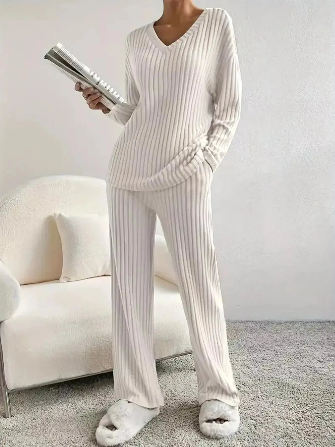 Women's ribbed knit V-neck lounge set by Plush Fashion Hub, two-piece matching outfit with comfortable, cozy fabric.