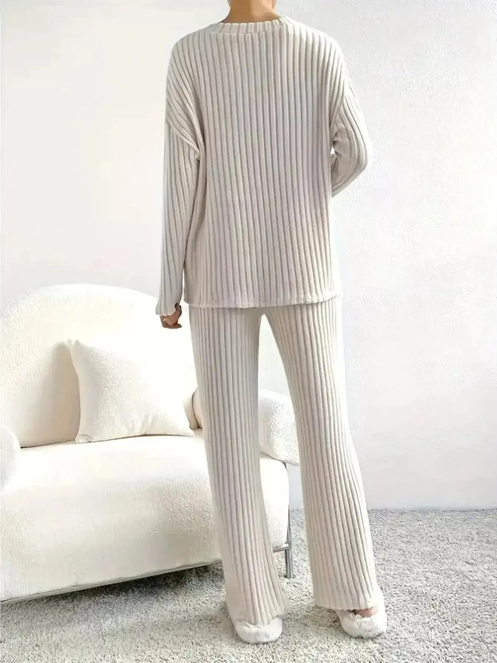 Women’s ribbed knit V-neck lounge set by Plush Fashion Hub, two-piece matching outfit with comfortable, relaxed fit.