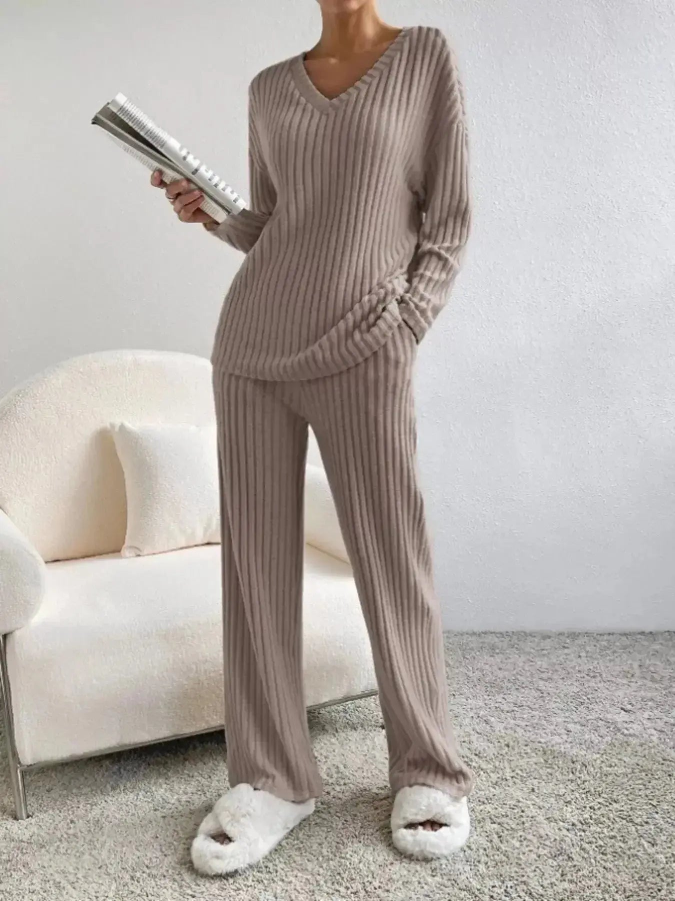 Women’s ribbed knit V-neck lounge set by Plush Fashion Hub, two-piece matching pant set for comfortable casual wear.