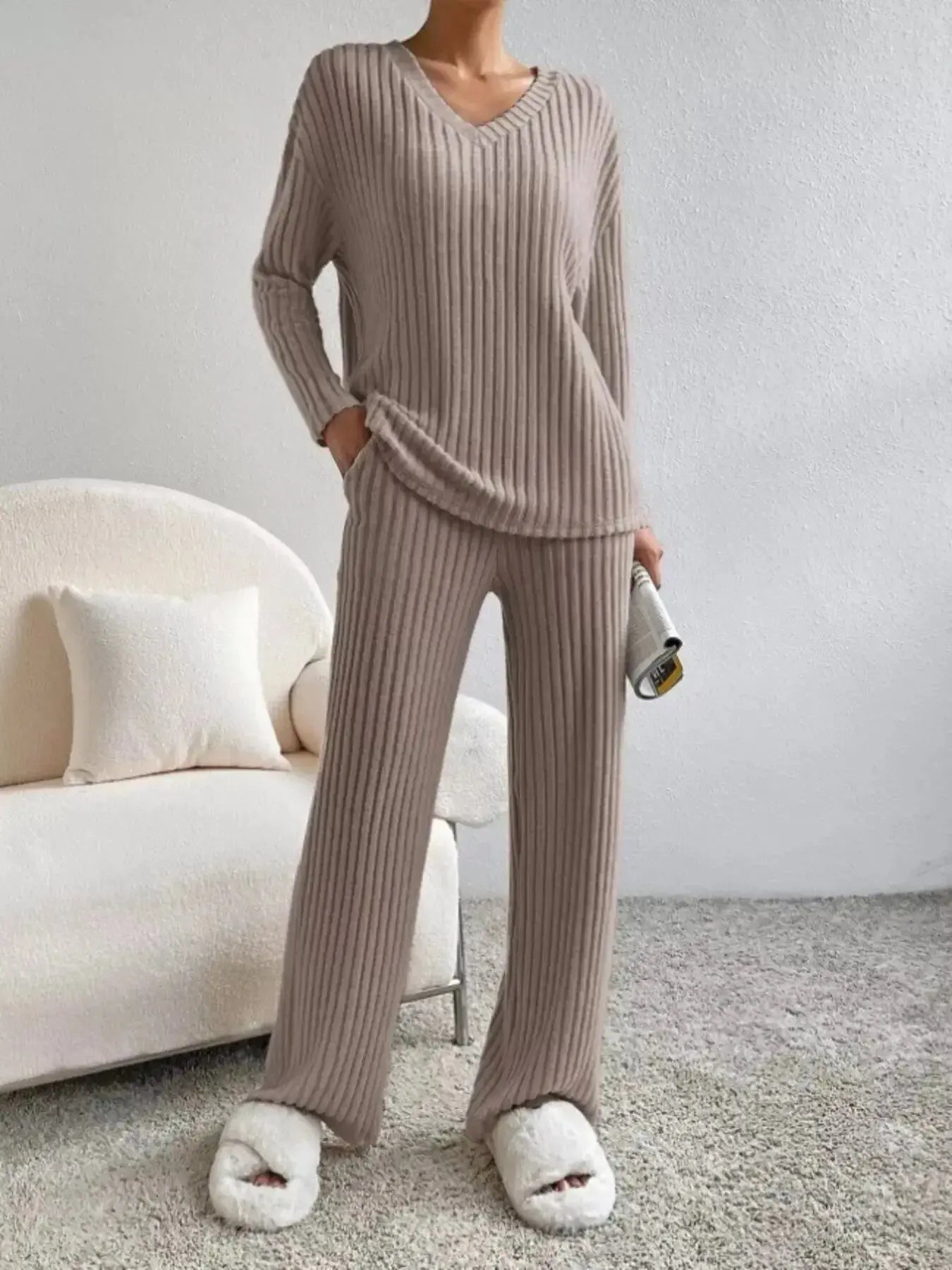 Women’s ribbed knit V-neck lounge set by Plush Fashion Hub, comfortable two-piece matching outfit with long sleeves and relaxed fit.
