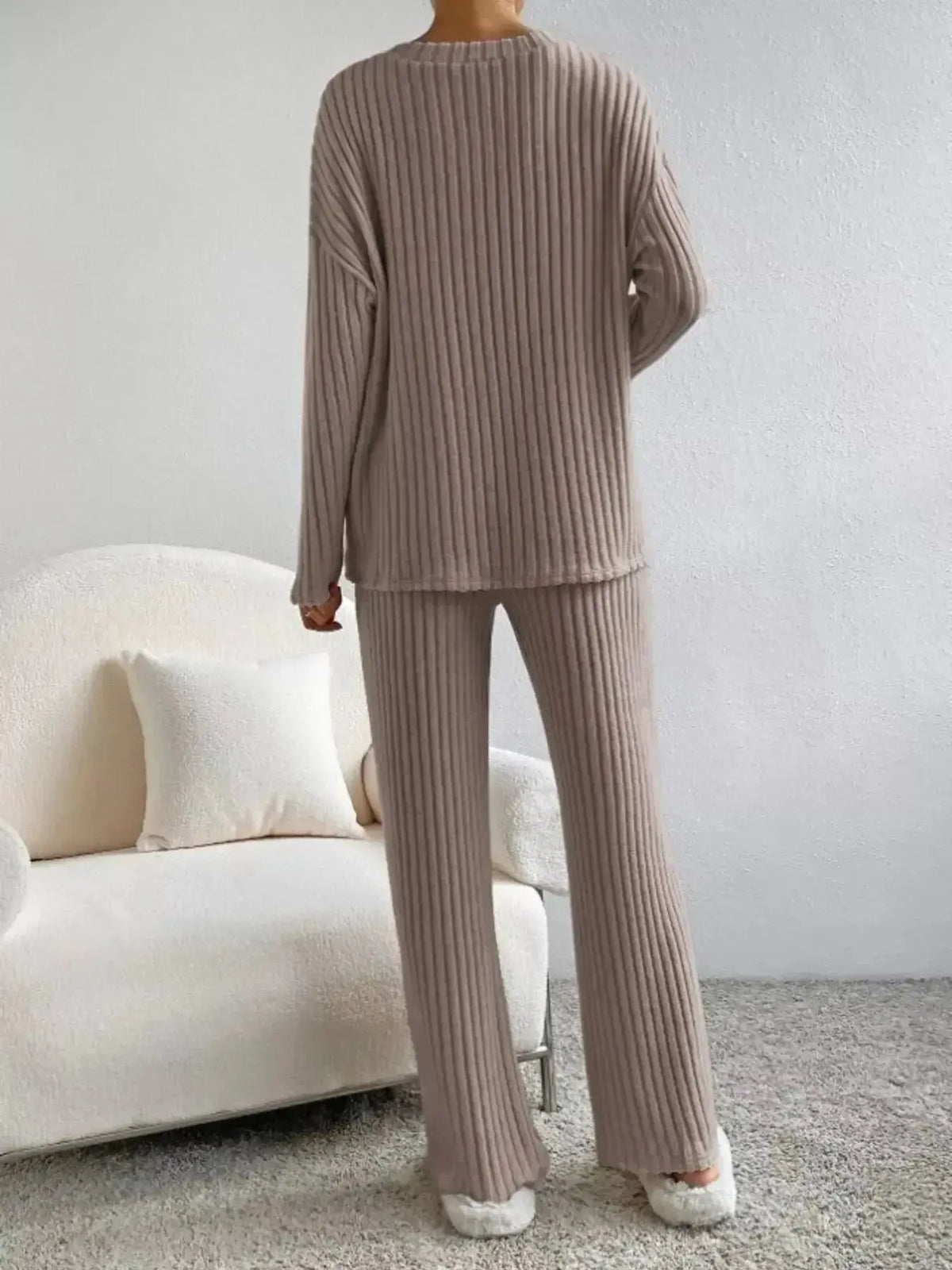 Women's ribbed knit V-neck lounge set by Plush Fashion Hub, two-piece matching pant set for comfortable casual wear.