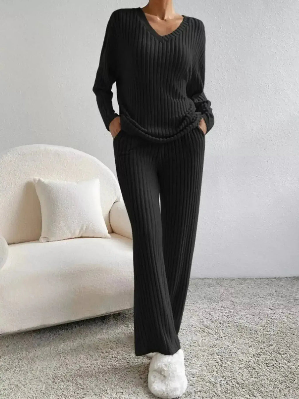 Women’s ribbed knit V-neck lounge set by Plush Fashion Hub, two-piece matching outfit with comfortable, casual style.