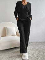 Women’s ribbed knit V-neck lounge set by Plush Fashion Hub, two-piece matching outfit with comfortable, casual style.