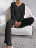 Women's ribbed knit V-neck lounge set by Plush Fashion Hub, two-piece comfortable matching outfit with relaxed fit.