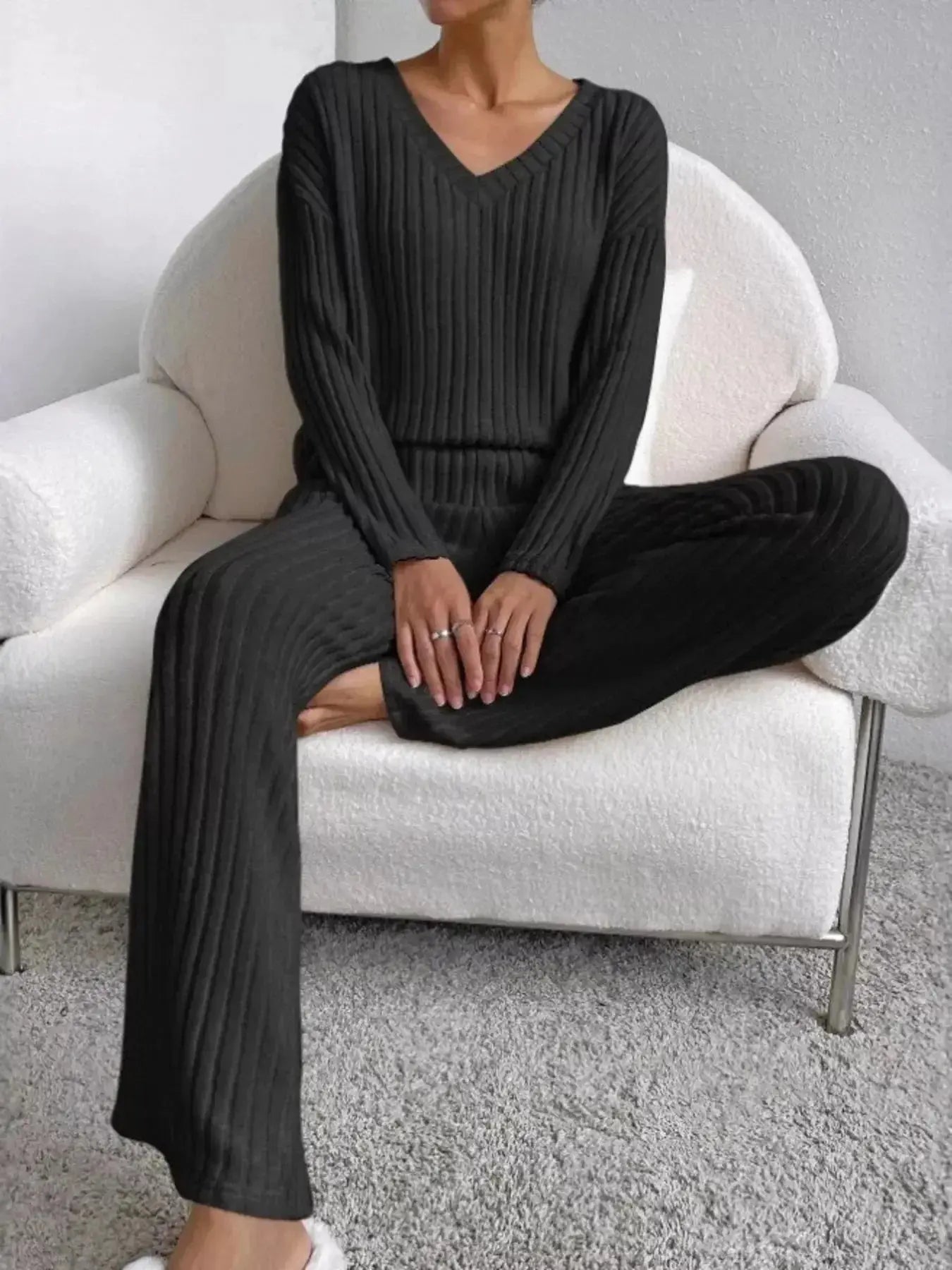 Women's ribbed knit V-neck lounge set by Plush Fashion Hub, two-piece comfortable matching outfit with relaxed fit.